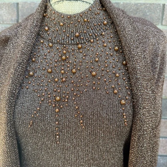 Investments Brown Women's Cardigan Sweater and High Neck Beaded Top Size Large - Picture 2 of 10